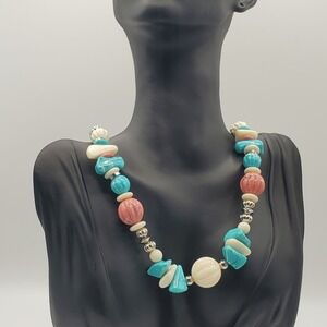 Boho Womens‎ Chunky Beaded Necklace Multi Pink Blue White Retro